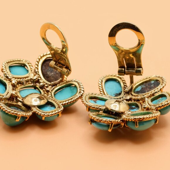 Vintage 18K Gold Family Heirloom Turquoise Diamond Clip On Earrings - Picture 14 of 16